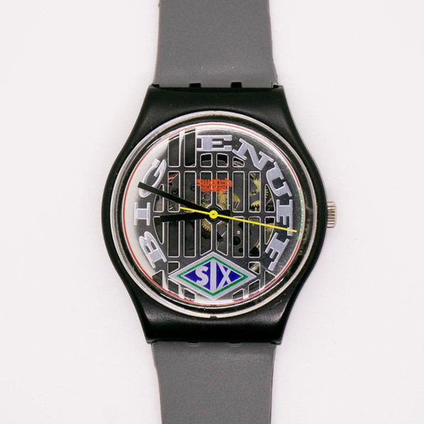 1993 swatch GB151 Big Enuff Watch | هيكل عظمي خمر الأسود swatch جنت