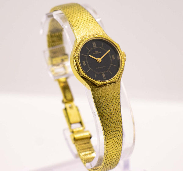 Vintage Gold Fortis Incabloc Black Dial Watch | Art Nouveau Jewelry