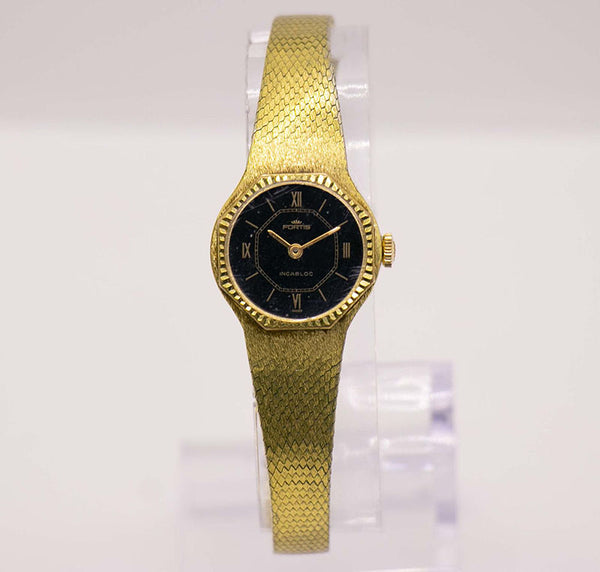 Vintage Gold Fortis Incabloc Black Dial Watch | Art Nouveau Jewelry ...