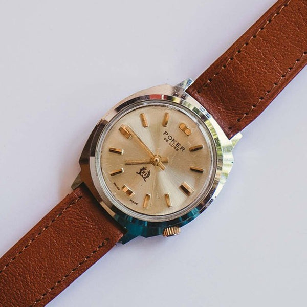 1980er Jahre Custom Poker de Luxe Swiss gemacht Uhr | 21 Juwelen Poker -Spieler Custom Army Armbanduhr