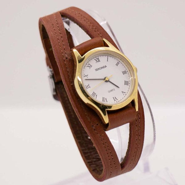Vintage Gold-Tone Sekonda Quarz Uhr mit braunem Lederband