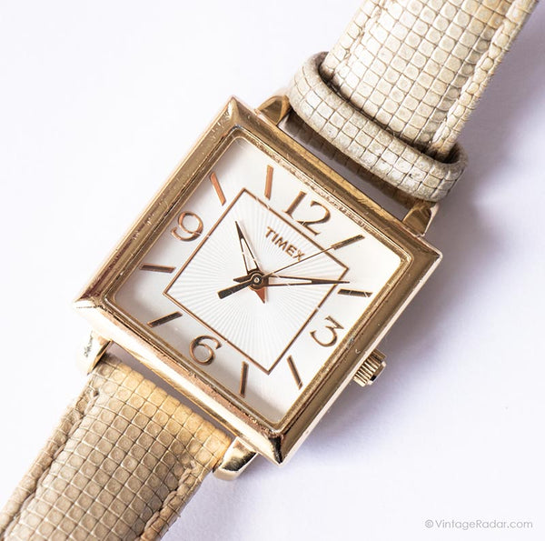Damas vintage rectangulares Timex reloj | Tono de oro con correa blanca reloj