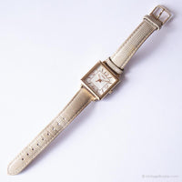 Damas vintage rectangulares Timex reloj | Tono de oro con correa blanca reloj