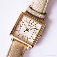 Vintage Ladies Rectangular Timex Watch | White Strap Gold-tone Watch