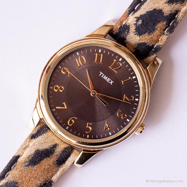 Dial marrón vintage Timex reloj | Reloj de pulsera de correa de estampado de leopardo