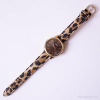 Vintage Brown Dial Timex Watch | Leopard Print Strap Wristwatch