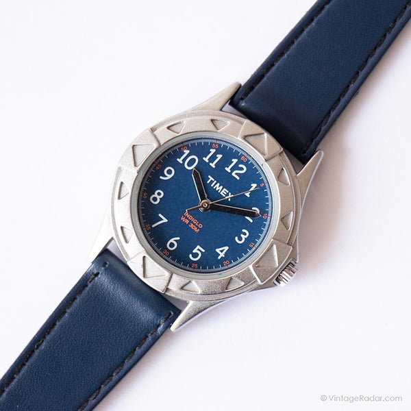 Azul vintage Timex reloj para damas | Tono plateado de dial redondo reloj