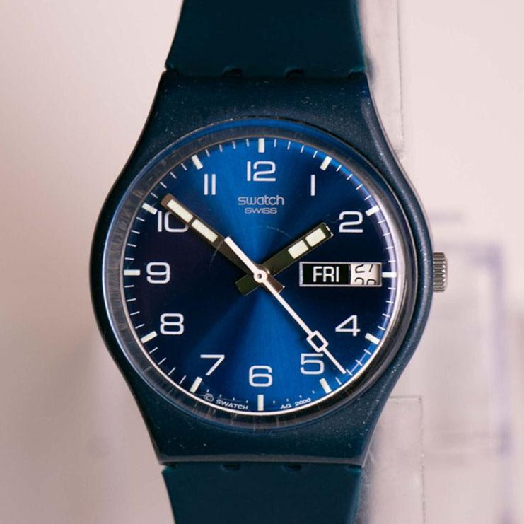 Vintage Swatch JUST BLUE GN715 Watch | RARE Blue Day Date  display picture 2