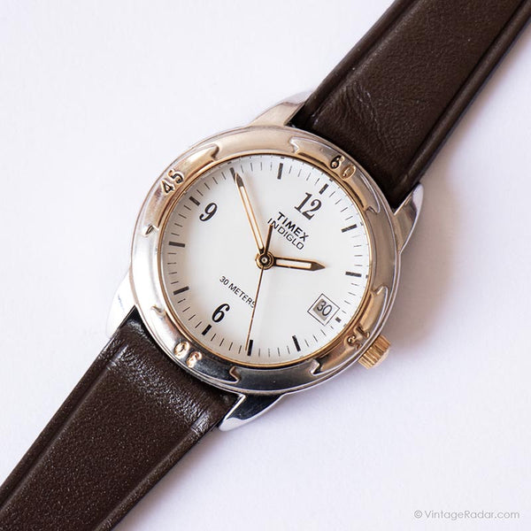 Sily-tone vintage Timex Indiglo montre | Mesdames Date de cadran blanche montre