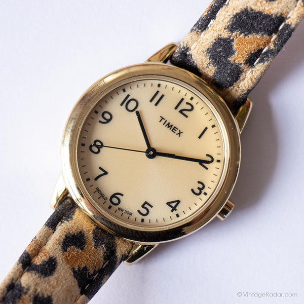 Vintage Gold-Ton Timex Uhr für sie | Leopardendruckband Armbanduhr
