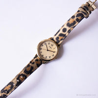 Vintage Gold-tone Timex Watch for Her | Leopard Print Strap Wristwatch