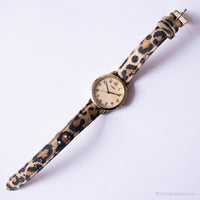 Tono de oro vintage Timex reloj para ella | Reloj de pulsera de correa de estampado de leopardo