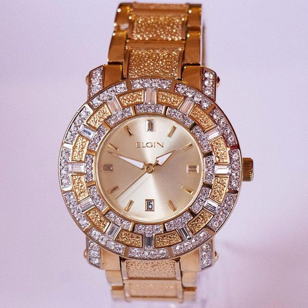 Gold-tone Elgin Women's Date Watch | Gemstones Elgin Quartz Watch