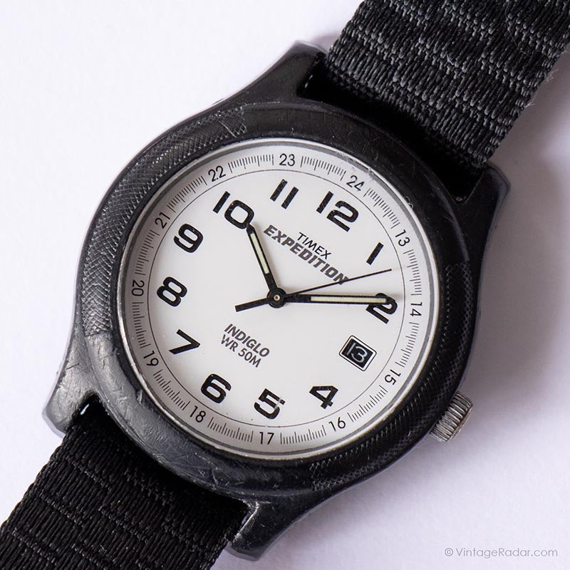 Vintage Black Timex Expedition Watch | White Dial Sports