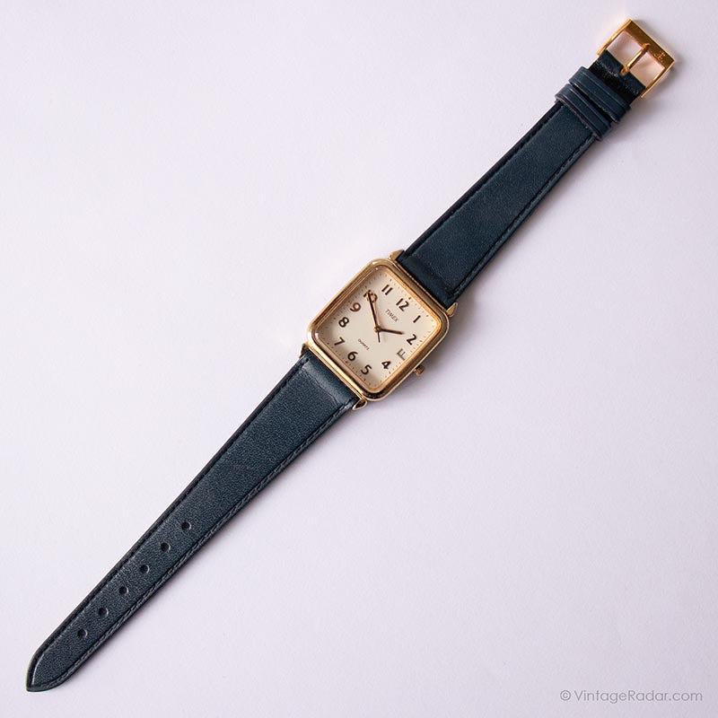 Timex Rectangular Vintage Rectangular Timex Watch | Gold-tone Date Watch with Blue Strap ...
