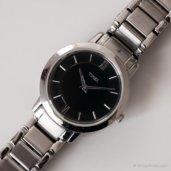 Acier inoxydable vintage Timex montre | Bracelet à cadran noir montre