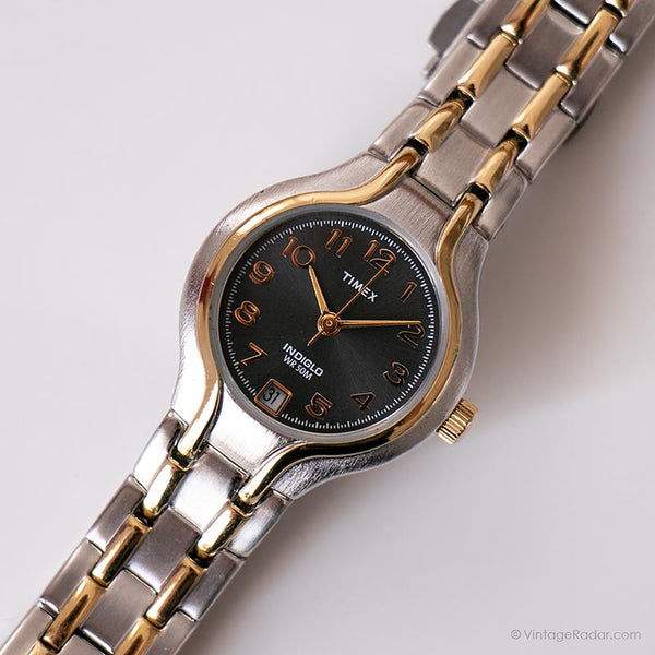 Vintage dos tonos Timex reloj para ella | Elegante fecha de dial negro reloj