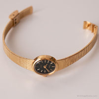 Vintage Tiny Oval Timex Uhr | Schwarzes Zifferblatt Gold-Ton Uhr für Sie