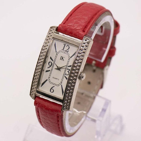 Silver-tone IK Quartz Watch for Women with Square Dial & Red Strap