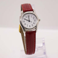 Vintage Silver-tone Quartz Watch with Red Strap | Ladies Quartz Watch