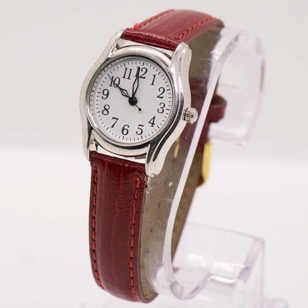 Quartz à tons d'argent vintage montre avec sangle rouge | Quartz dames montre