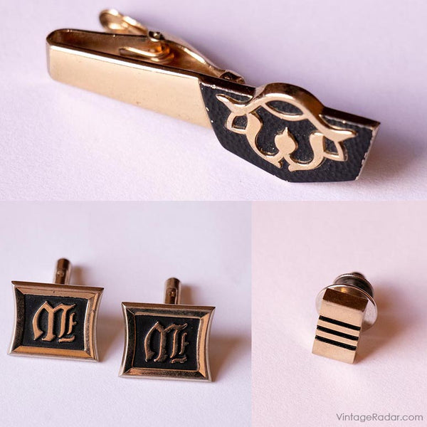 Vintage Gold Letter M Cufflinks & Matching Tie Clip and Tie Tack Pin