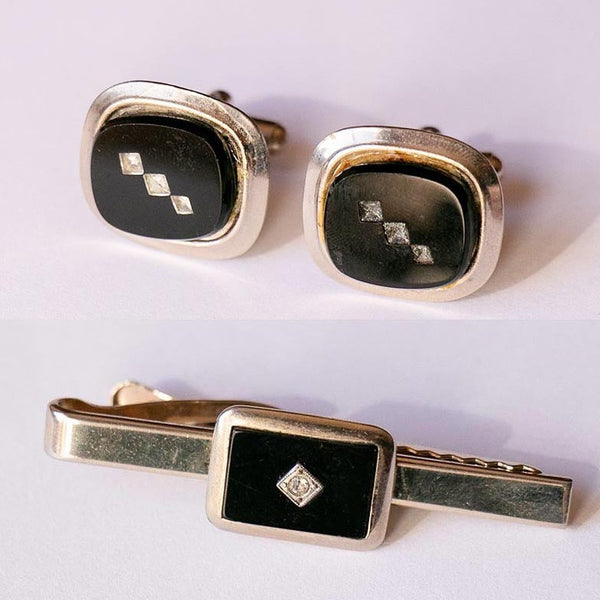 Vintage Silver-Tone Square Gematlinks & Tie Clip con detalles negros